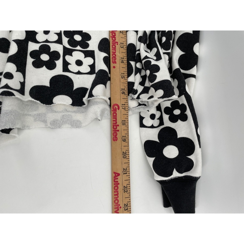 Cropped Hoodie Women Large Black White Retro Floral Check Indie Streetwear Y2K - Picture 8 of 8